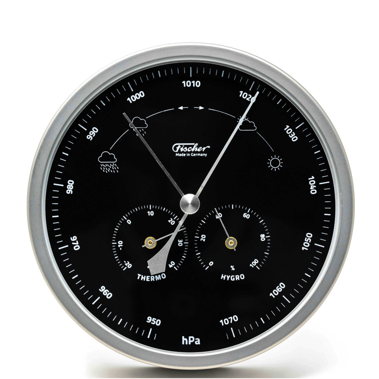 Ein rundes, schwarzes analoges Barometer, Hygrometer und Thermometer, das Druck-, Temperatur- und Feuchtigkeitswerte mit Wettersymbolen anzeigt.