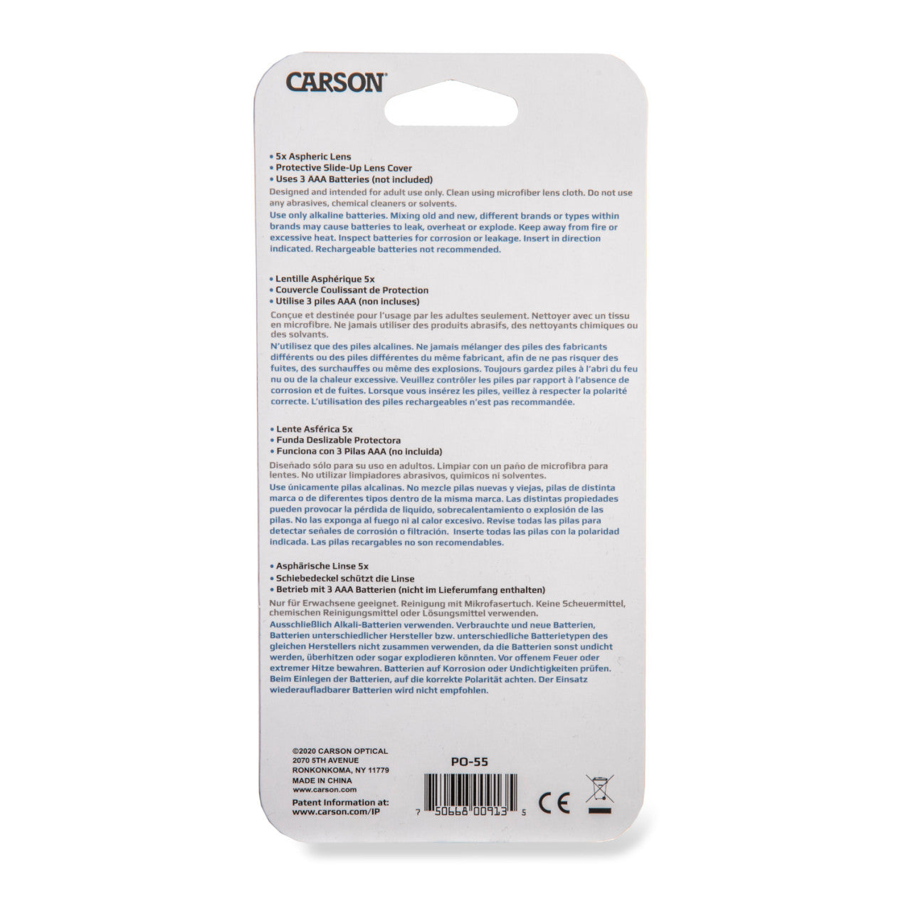 Rückseite einer Carson-Produktverpackung mit Anleitungen und Informationen in Englisch, Französisch, Spanisch und Deutsch für eine kompakte Bauweise Taschenlupe mit LED-Leuchte.