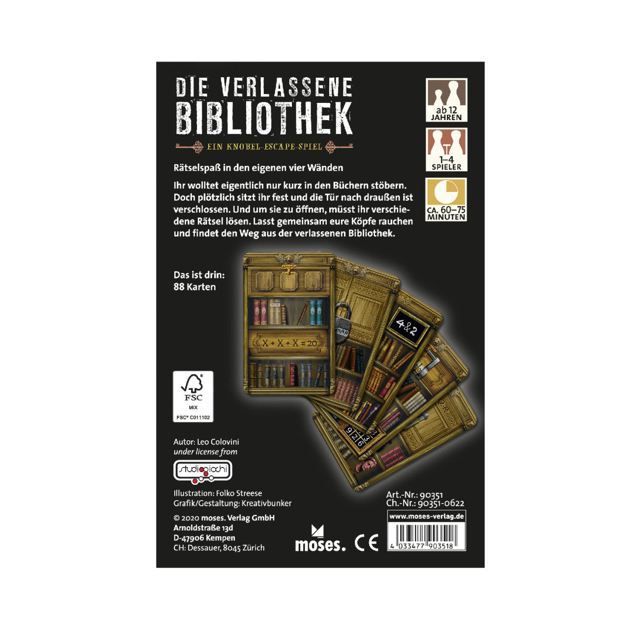 Rückseite einer deutschen Escape-Game-Kartenspielschachtel mit Karten mit Bücherregalen und fesselndem Rätselspaß sowie wichtigen Spielinformationen.