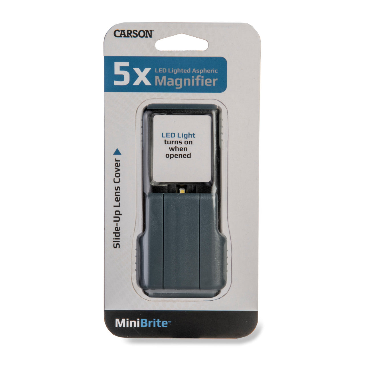 Carson 5x LED-Leuchte Taschenlupe in Verpackung, als MiniBrite mit kompakter Bauweise und praktischem Slide-up-Linsendeckel beschriftet.