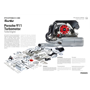 Porsche 911 Turbo-Motormodellbausatz mit fortschrittlicher Turbotechnologie, mit dem zusammengebauten Hochleistungssportwagen-Motor und allen Einzelteilen, die angeordnet und deutlich beschriftet sind.