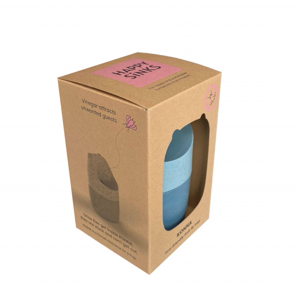 Brauner Karton mit Fenster, darin ist ein blauer Gegenstand zu sehen; rosafarbenes HAPPY SINKS-Etikett. Die Verpackung ist umweltfreundlich und enthält einen Fruchtfliegenfänger aus Holz-Bioverbundstoff.