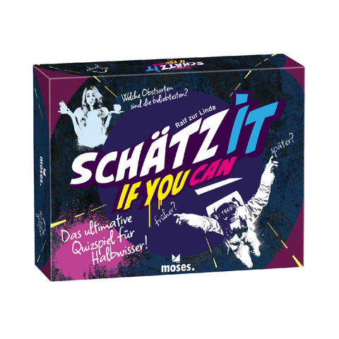 Eine farbenfrohe Brettspielbox mit dem Titel „Schätz It If You Can“ mit verspielten Grafiken, deutschem Text und Anklängen an Quizfragen und Bluffen lädt die Spieler dazu ein, ihr bestes Pokerface zu zeigen.