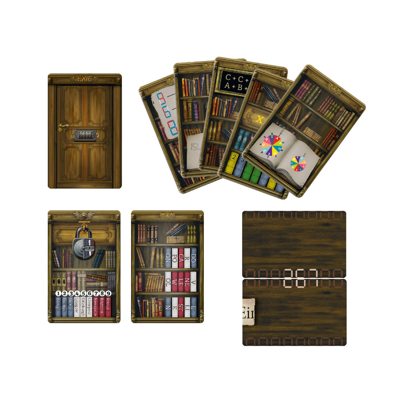 Illustriertes Spielmaterial: Karten mit Bücherregalen, Türen und Schlössern, angeordnet auf weißem Hintergrund – perfekt für den Rätselspaß bei diesem Kartenspiel-Escape-Game.