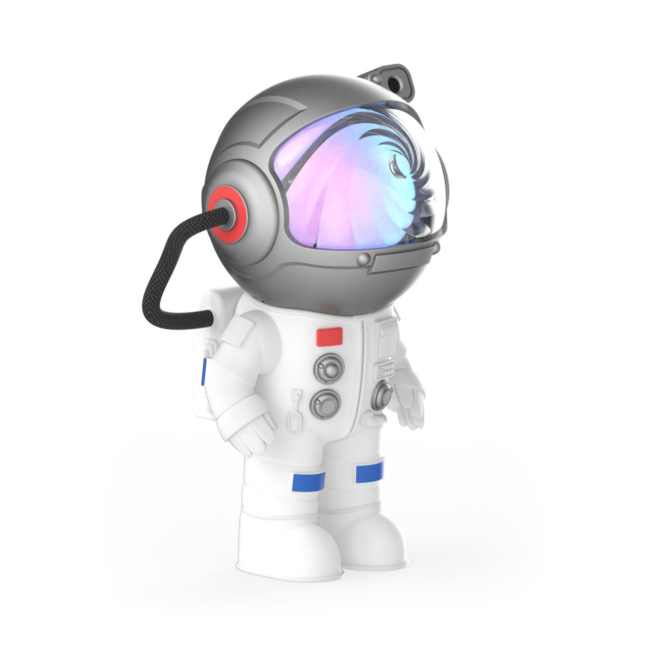 3D-Cartoon-Astronaut Stellar Light in einem weißen Anzug mit einem glänzenden, bunten Visier und einem schwarzen Kabel, das am Helm befestigt ist.