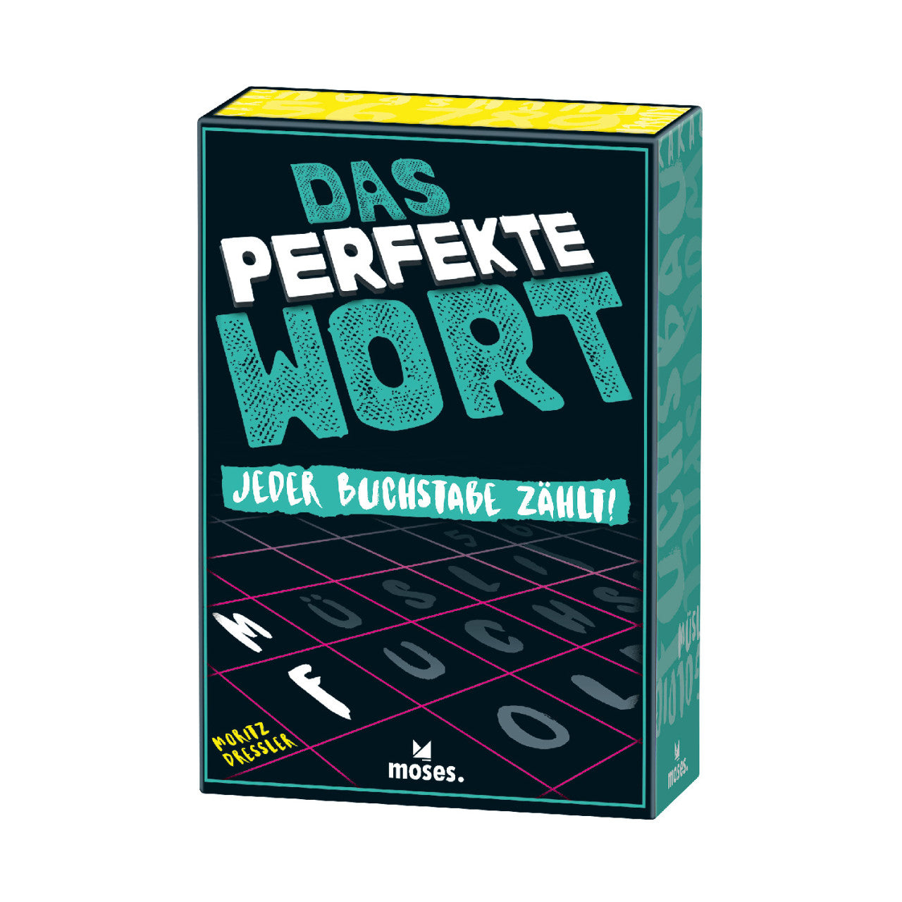 Schachtel des Spiels „Das Perfekte Wort“ mit blaugrünem, weißem und rosa Text und einem Buchstabenraster auf dem Cover – perfekt für Buchstabenakrobaten, die in diesem cleveren Wortspiel Punkte erzielen möchten.