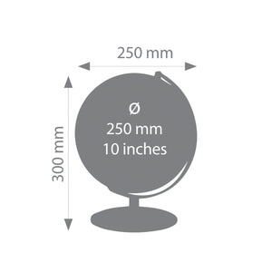 Grauer physischer Globus mit verchromter Metallfuß, beschriftet mit den Maßen: 250 mm Durchmesser, 300 mm Höhe und 10 Zoll Durchmesser.