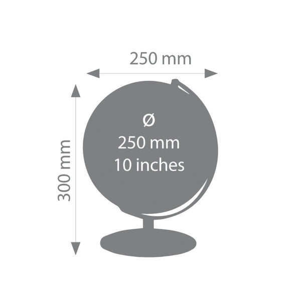 Grauer physischer Globus mit verchromter Metallfuß, beschriftet mit den Maßen: 250 mm Durchmesser, 300 mm Höhe und 10 Zoll Durchmesser.