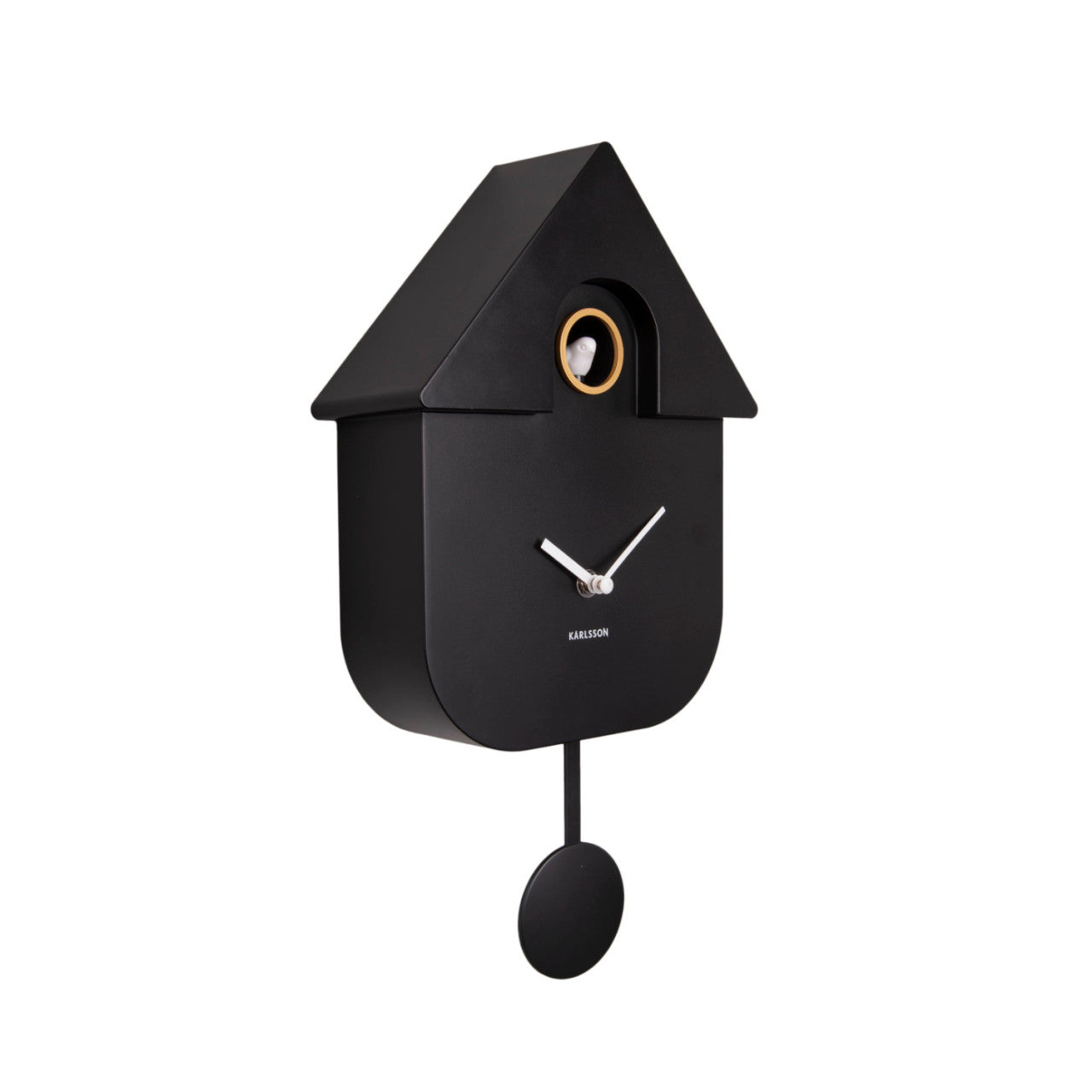 Schwarze moderne Kuckuckswanduhr mit rundem Pendel und Vogelfigur, gestaltet in Hausform für eine minimalistische Design-Uhrenästhetik.