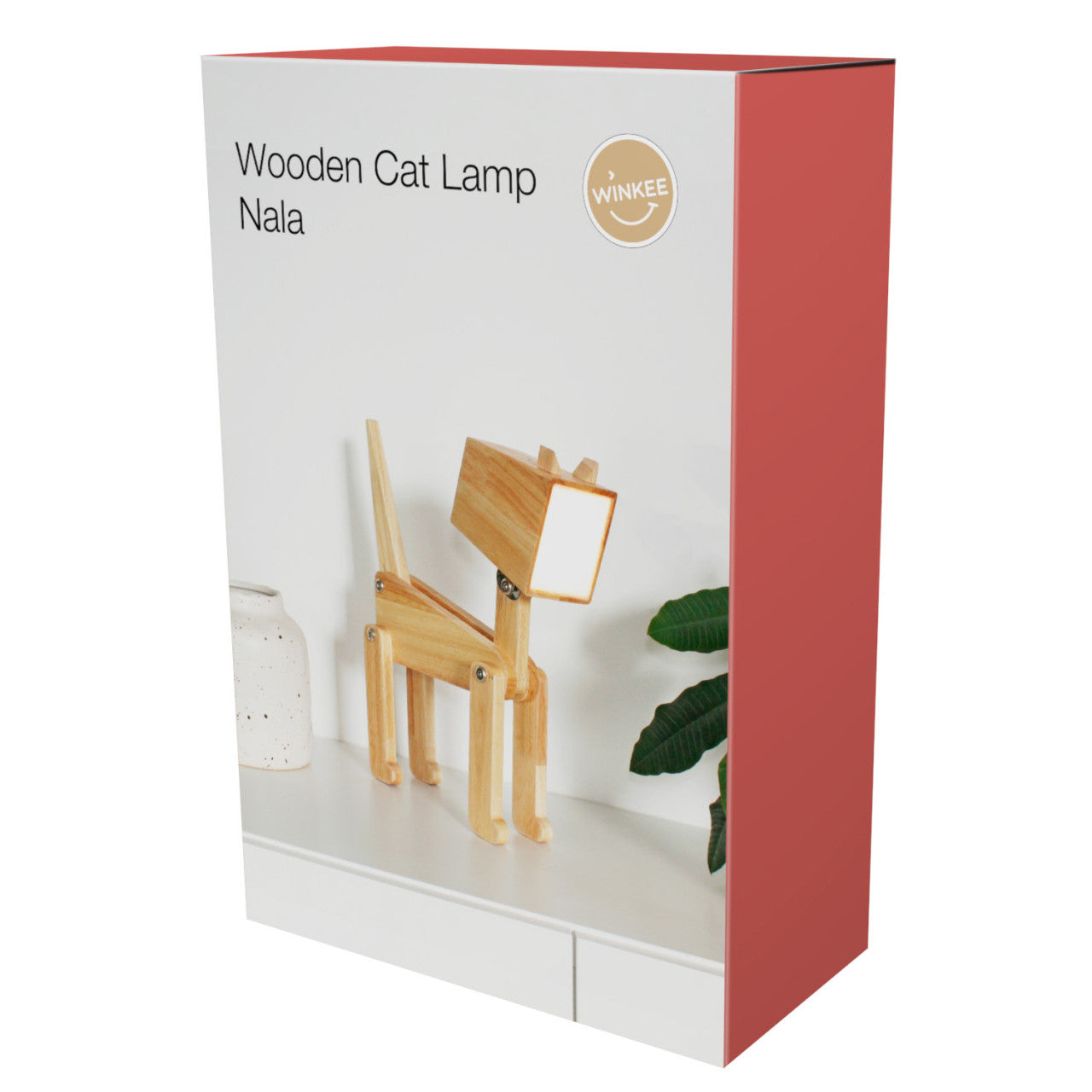 Box für die hölzerne Katzenlampe Nala von WINKEE, mit einem Bild der dimmbaren Tischlampe im stilvollen Katzen-Design.