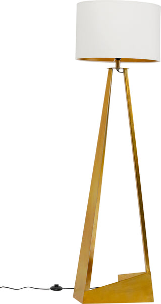 Moderne Stehlampe mit einem goldenen dreieckigen Sockel und einem weißen Lampenschirm aus Leinen, mit einem skulpturalen Design und einer schwarzen Kordel.