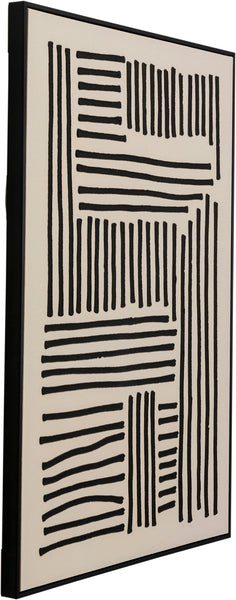 Ein gerahmtes abstraktes Wandbild mit schwarzen parallelen Linien in geometrischen Mustern auf weißem Hintergrund, perfekt, um Ihrem Raum modernen Stil zu verleihen. Dieses Leinwandbild in Schwarz Creme-Weiß fängt zeitlose Eleganz ein.