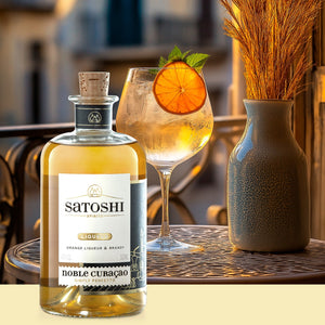 Eine Flasche Satoshi Noble Curaçao Orangenlikör steht neben einem Cocktail und einer Vase auf einem sonnenbeschienenen Balkontisch.