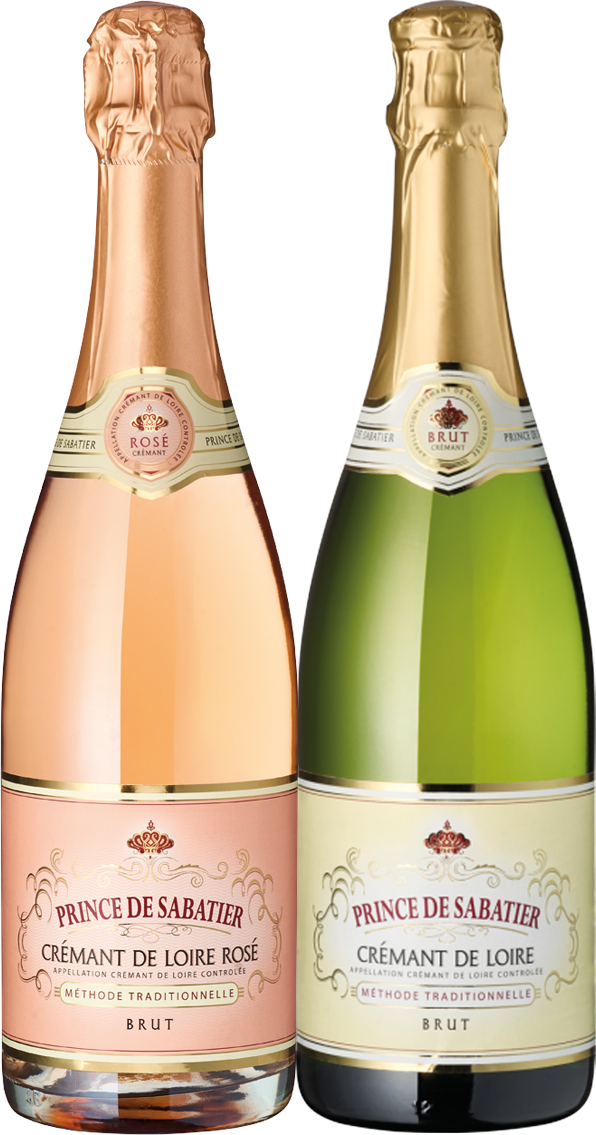 Zwei Flaschen Der Prinz der Perlen, eine Rosé-Flasche und eine Brut-Flasche mit Folienverschluss, unterstreichen die Eleganz von Crémants de Loire.