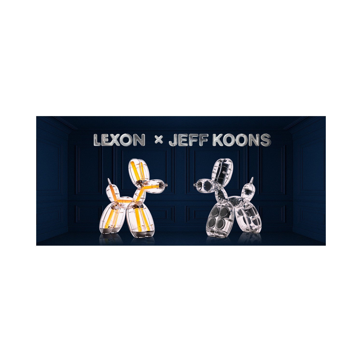 Zwei Balloon Dog Lautsprecher von Jeff Koons - Acryl, Text darüber.