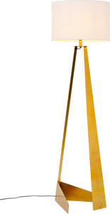 Moderne Stehlampe mit goldenem Stativfuß, weißem Lampenschirm aus Leinen und einem sichtbaren schwarzen Netzkabel, die jedem Raum ein skulpturales Design verleiht.