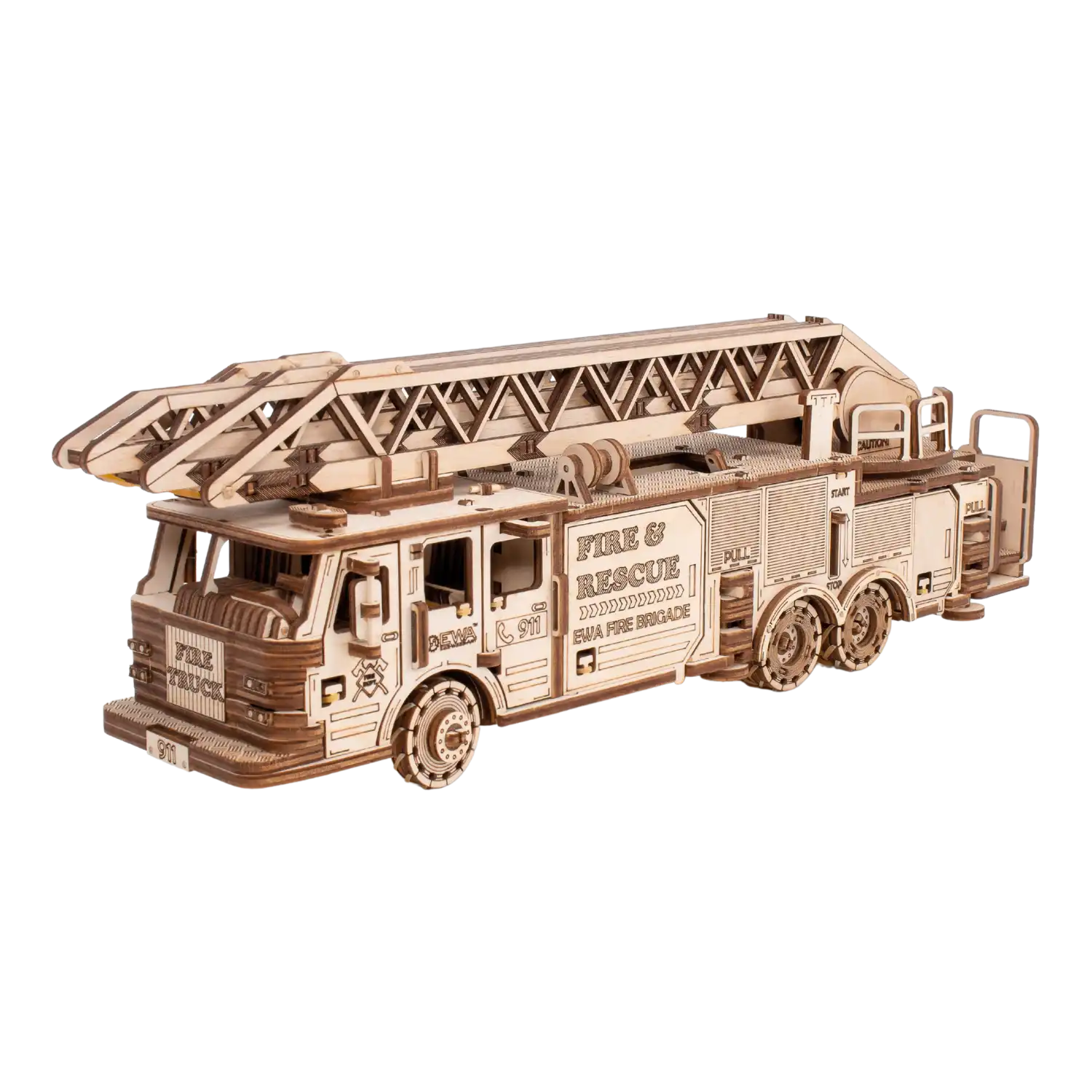 Das 3D-Holzpuzzle Mechanisches Feuerwehrauto ist ein detailliertes Holzmodell eines Feuerwehrautos mit Leiter oben und Fire & Rescue-Markierungen, das mit sichtbaren Rädern und Komponenten die Feinmotorik fördern soll.