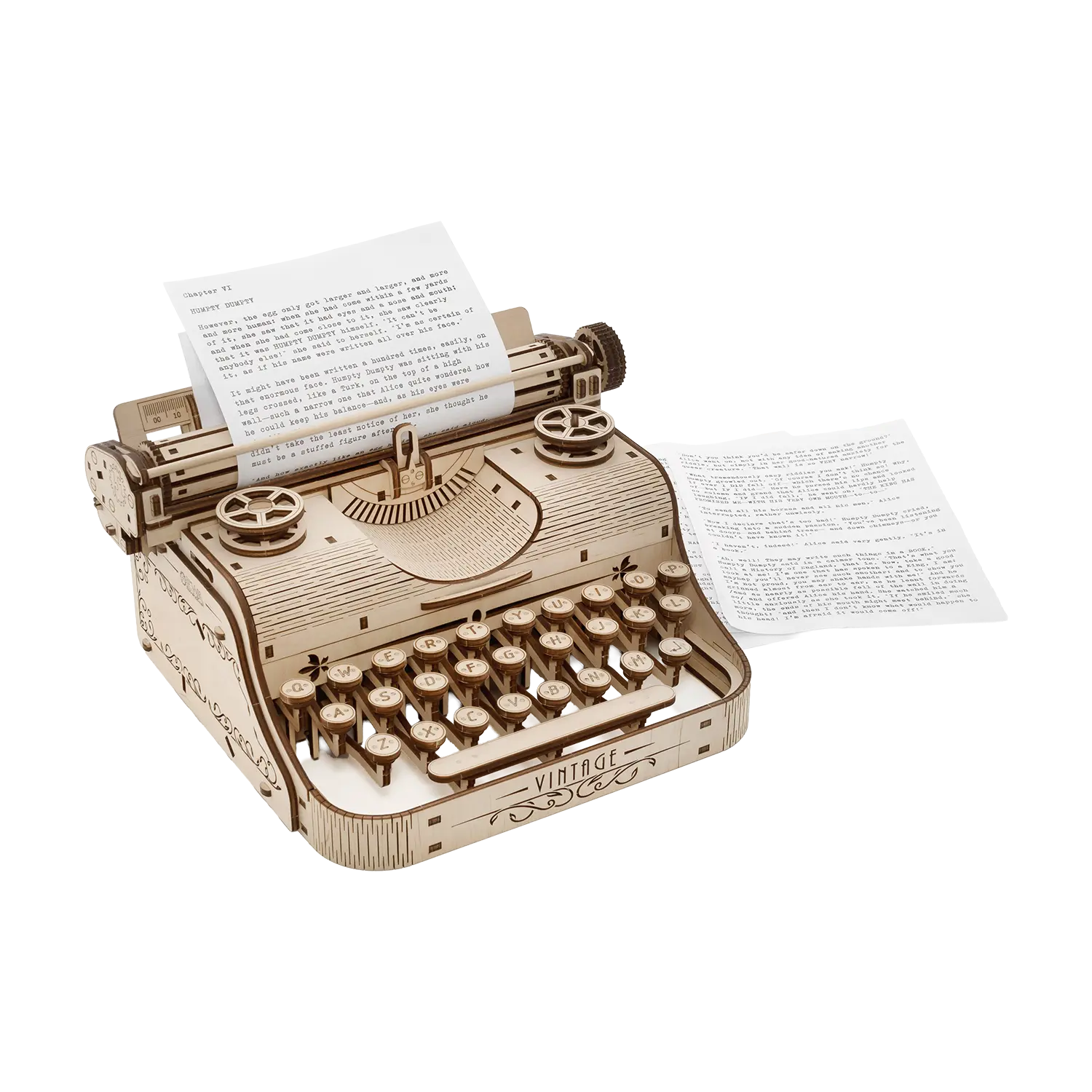 3D-Holzpuzzle Schreibmaschine im flexbox-inspirierten Look auf Weiß.