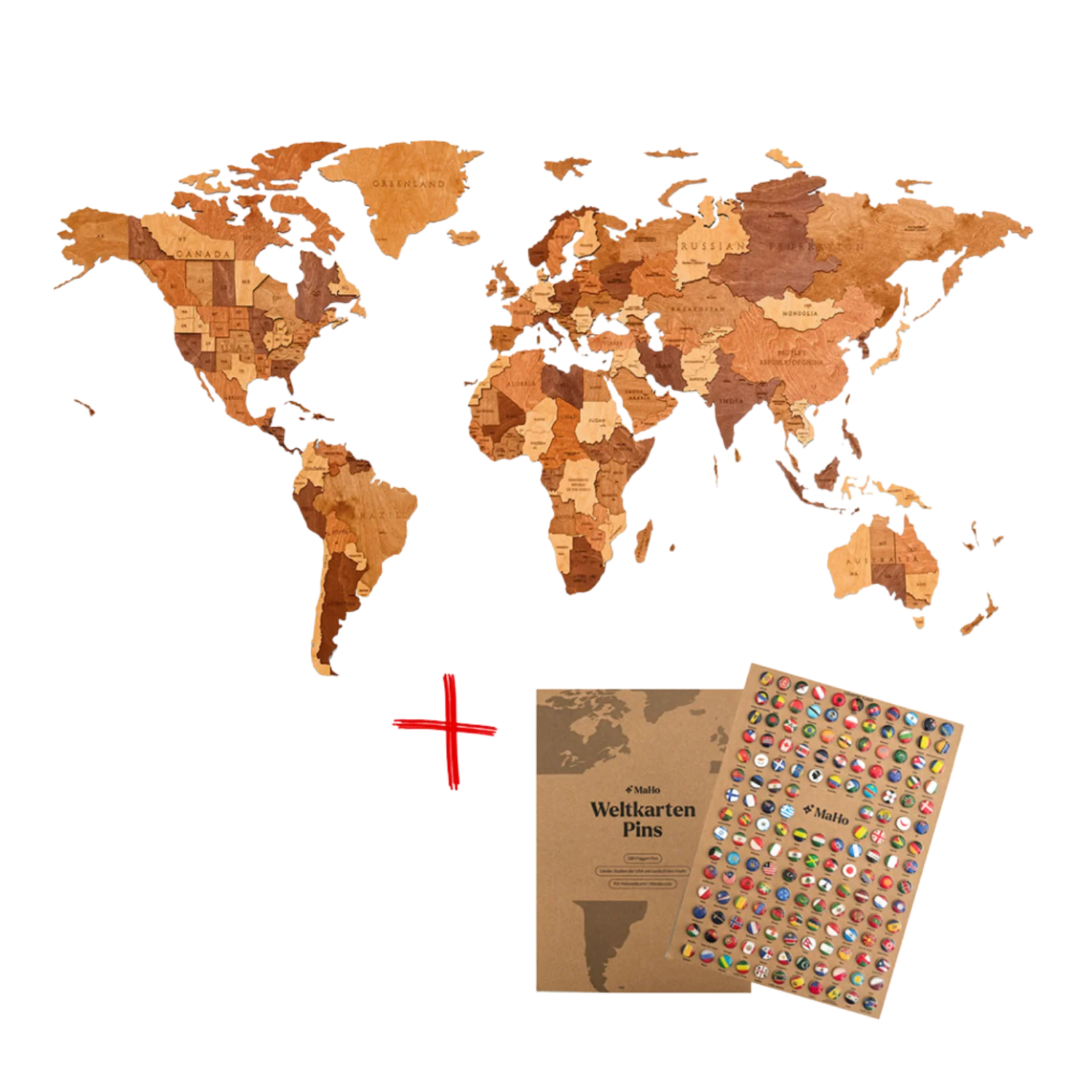 3D-Holzpuzzle Set Weltkarte M + Flaggen-Pins