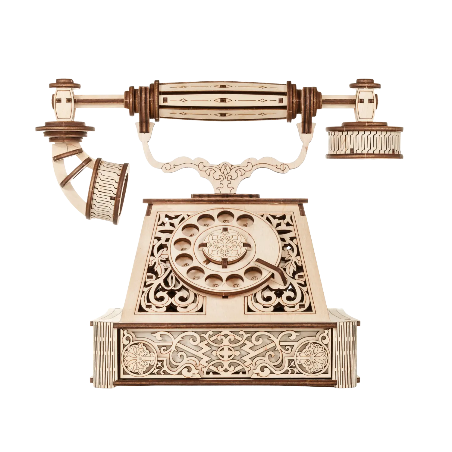 Aufwändiges 3D-Holzpuzzle Retro Telefon mit stilvollem, responsivem Design-Flair.