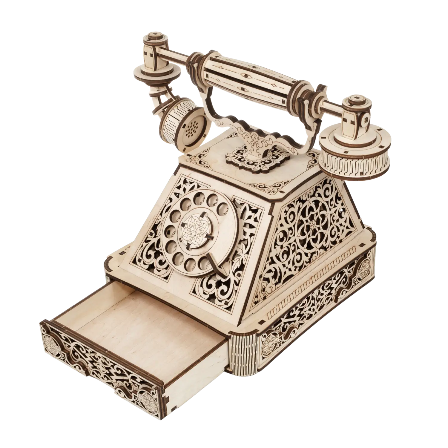 3D-Holzpuzzle Retro Telefon mit Schublade, ideal für Flexbox-Demos.
