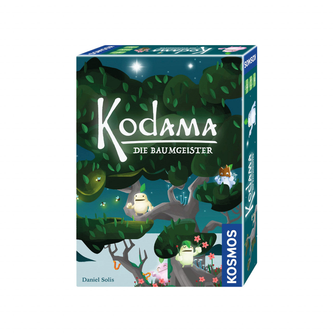 Boxcover des Waldspiels Kodama: Die Baumgeister mit bezaubernden Kodamas und illustrierten Baumgeistern in einem üppigen grünen Baum.
