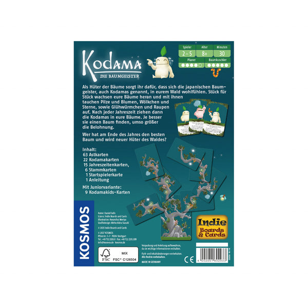 Rückseite der Kodama-Brettspielschachtel mit Beschreibung, Komponentenliste und Abbildungen der Kodamas und Baumgeister, die in diesem bezaubernden Waldspiel vorkommen.