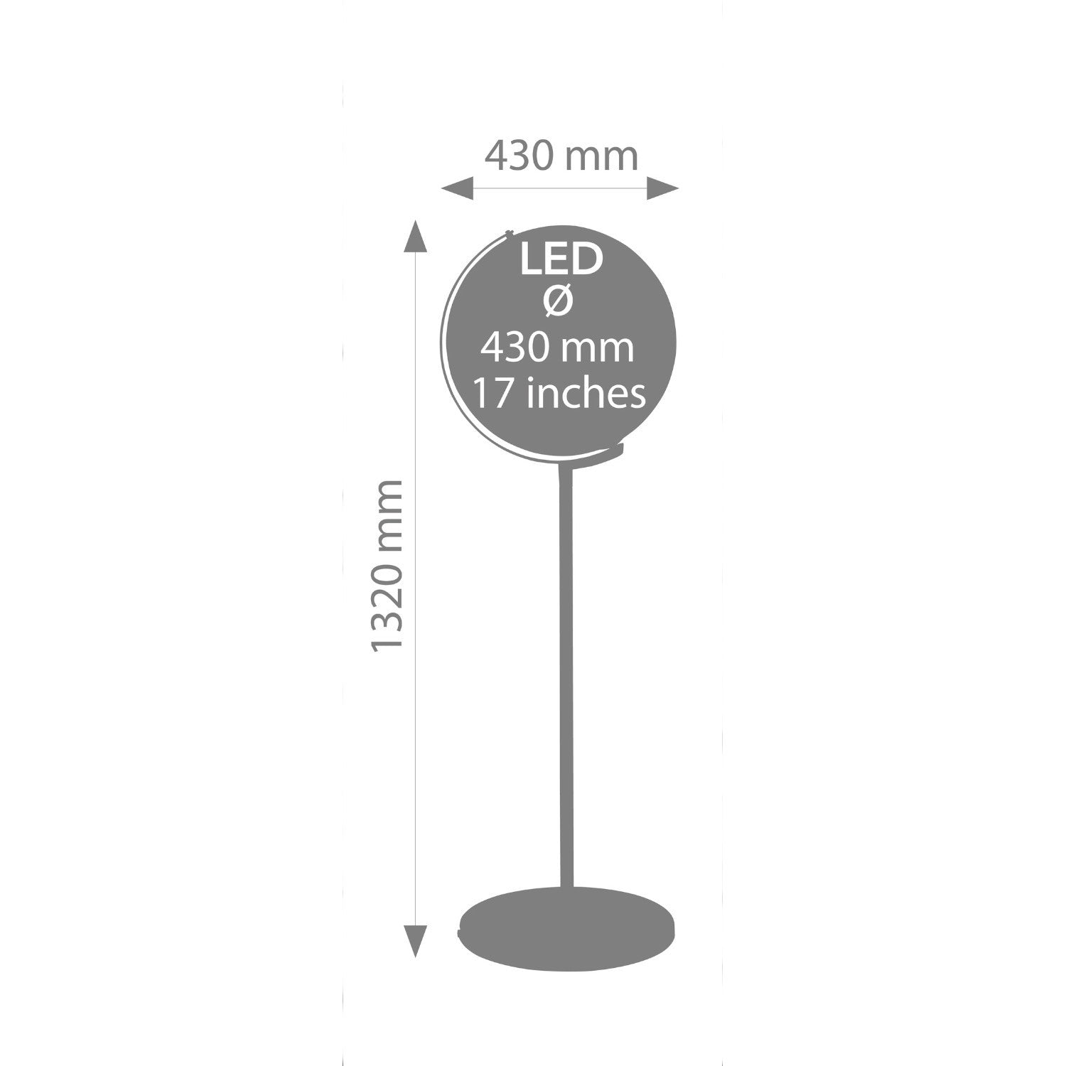 Skizze der Standglobus SOJUS CITY LIGHT mit den angegebenen Maßen: Durchmesser 43 cm, Höhe 1,32, Breite 43cm
