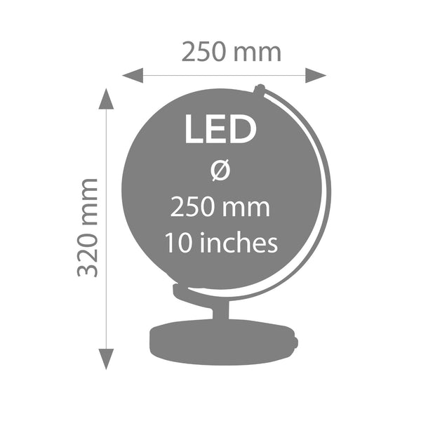 Skizze des Leuchtglobus TERRA LIGHT mit den angegebenen Maßen: Durchmesser 25cm, Breite 25cm, Höhe 32 cm