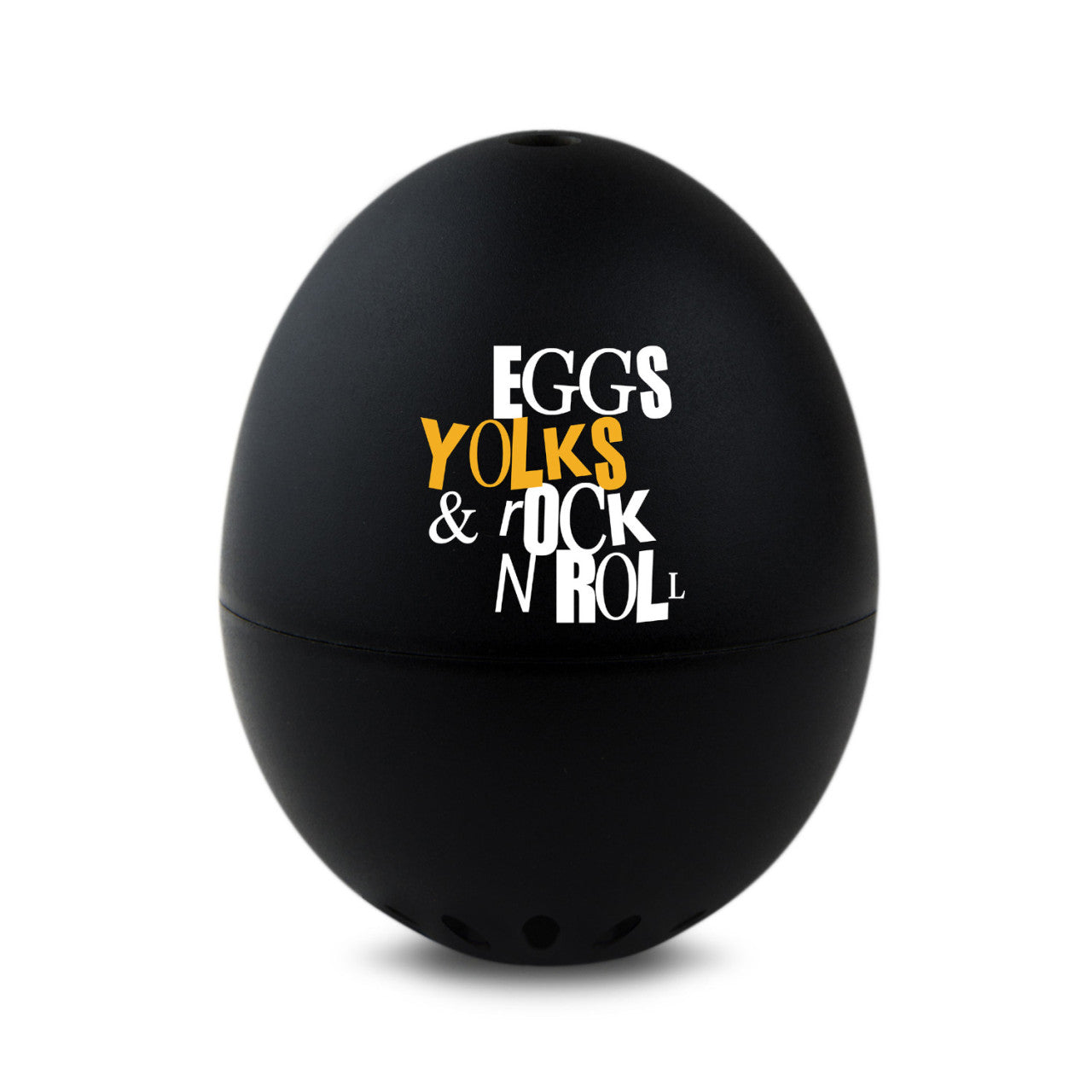 Ein schwarzes PiepEi - Rock and Roll mit der Aufschrift "EGGS YOLKS rOCK N ROLL".