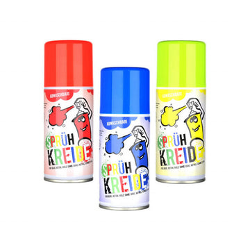 Drei Spraydosen in Rot, Blau und Gelb mit Cartoon-Motiven und SPRÜH KREIDE auf den Etiketten. Abwaschbar und mit FCKW-freiem Treibgas.