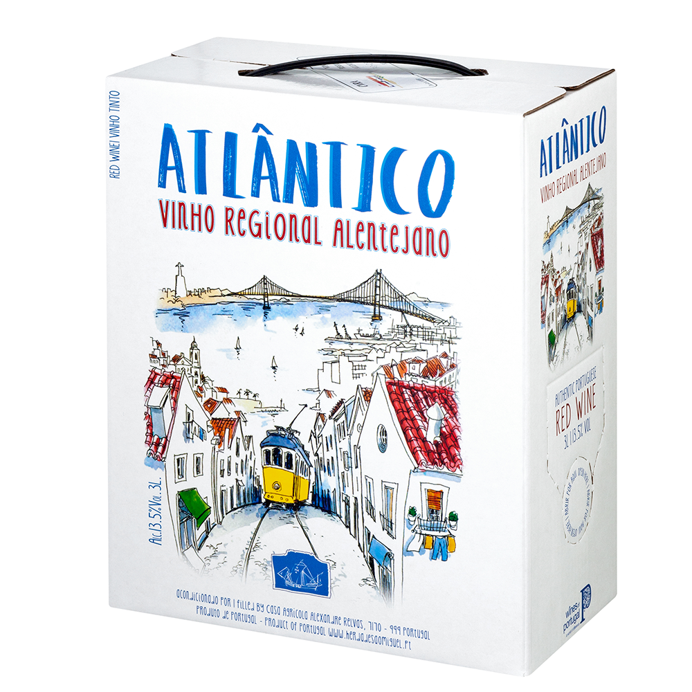 Die Bag-in-Box Atlântico 3,0 l zeigt auf ihrer Verpackung eine illustrierte Küstenstadt und eine Straßenbahn.