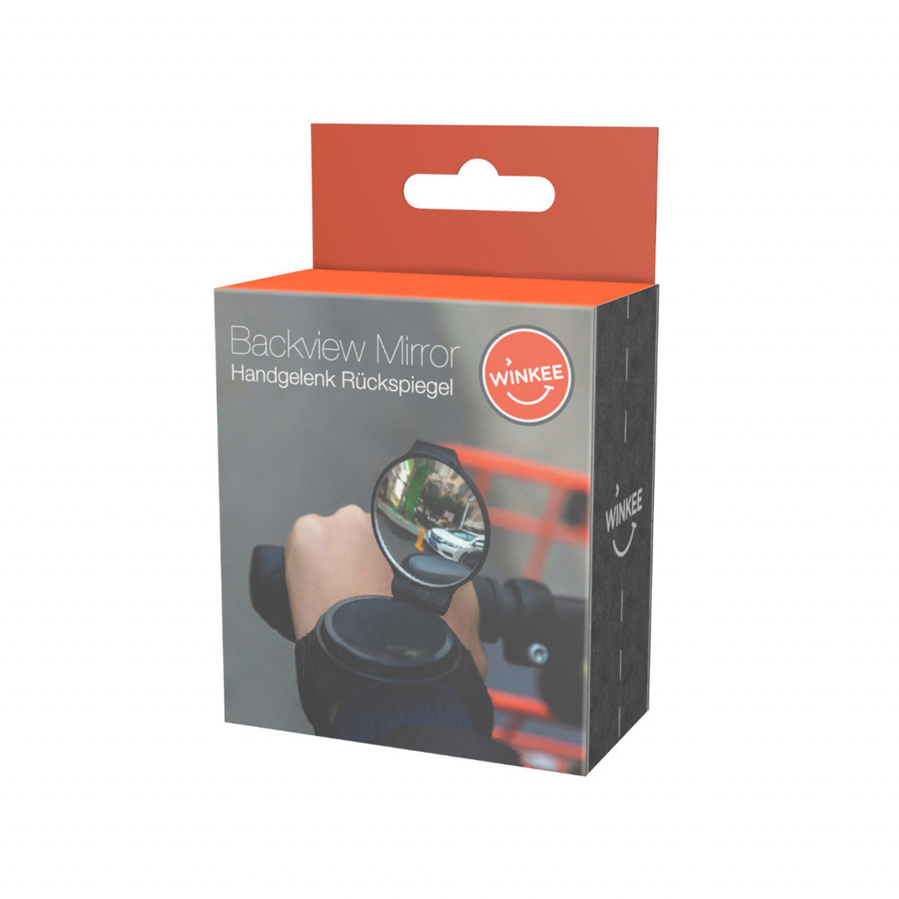 Schachtel mit einem Winkee-Rückspiegel für das Handgelenk, der eine Hand zeigt, die den Zusatzspiegel auf einem Fahrrad trägt – ideal für mehr Sicherheit im Straßenverkehr.