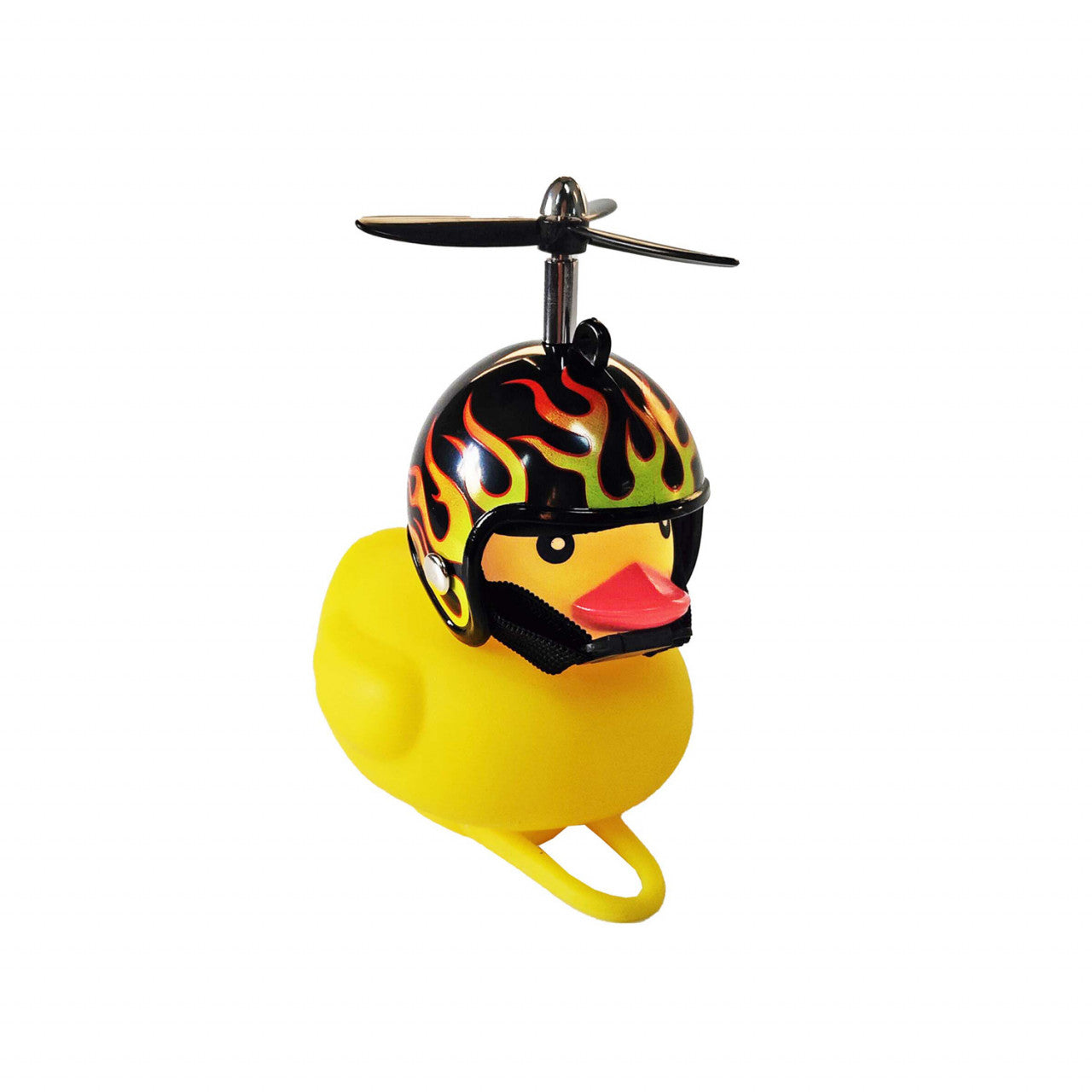 Ein gelbes Quietsche-Entchen trägt einen Helm mit Flammenmuster und einem sich drehenden Propeller oben drauf, perfekt, um als skurriler Fahrradhupen Ihrem Fahrrad Spaß zu verleihen.