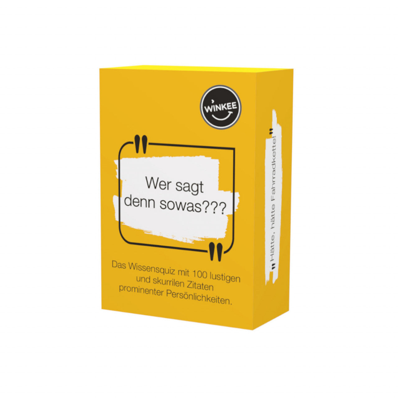 Gelbe Quizkartenbox mit deutschem Text: Wer sagt denn sowas??? and Wissensquiz mit 100 lustigen Zitaten – das unterhaltsame Zitate Quiz für spannende Spieleabende und witzige Zitate Situationen, inklusive Verfasser Hinweis auf jeder Karte.