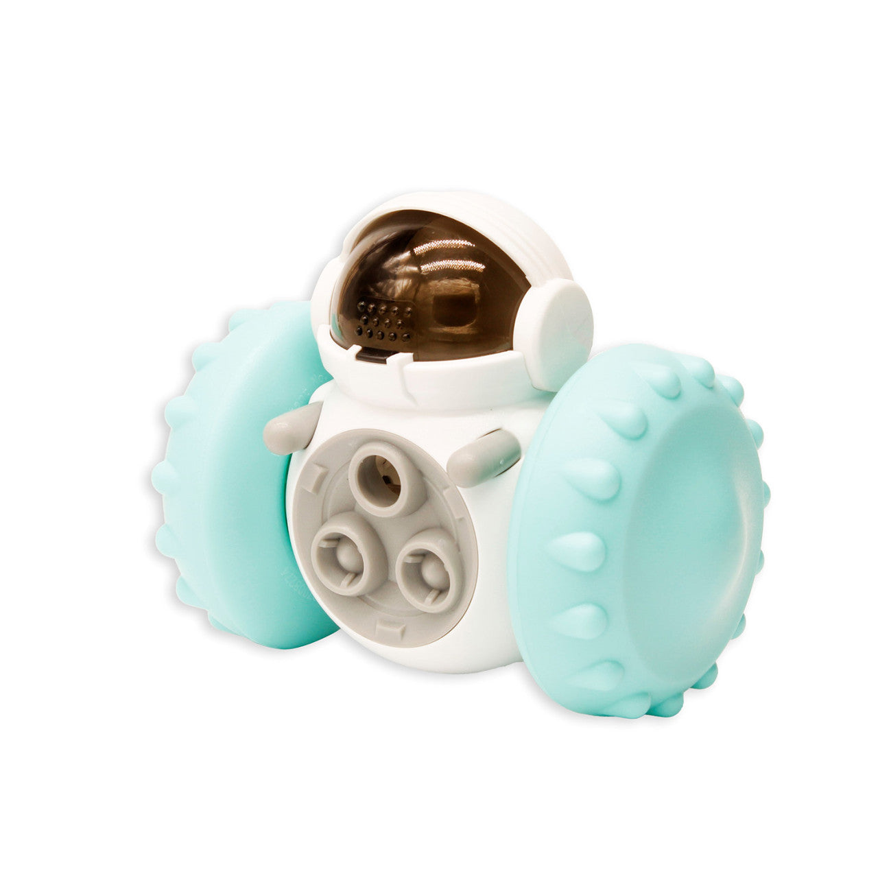 Spielzeugroboter mit dunklem Visier und großen, hellblauen Rädern, der einem Astronauten auf weißem Hintergrund ähnelt – perfekt als Leckerli-Roboter oder unterhaltsames Hundespielzeug für Ihren verspielten Welpen.