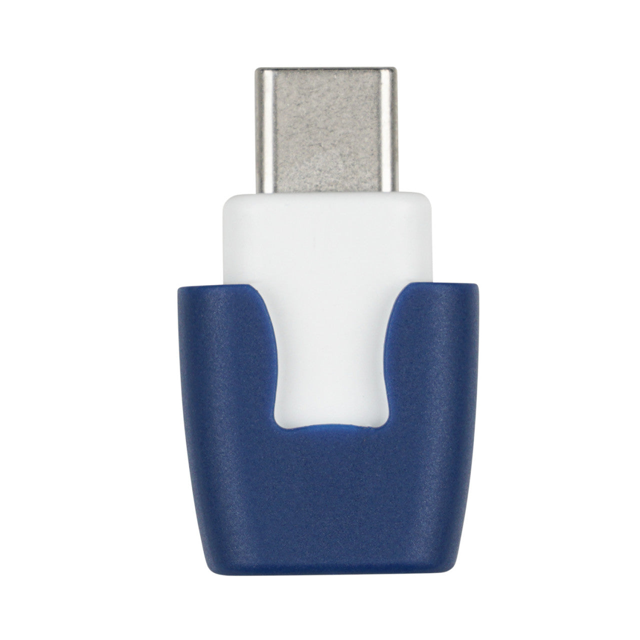 Ein USB-Typ-C-Adapter mit weißer Mitte und blauem Außengehäuse, von vorne betrachtet – kompatibel mit heat it® für innovative Insektenstichbehandlung.