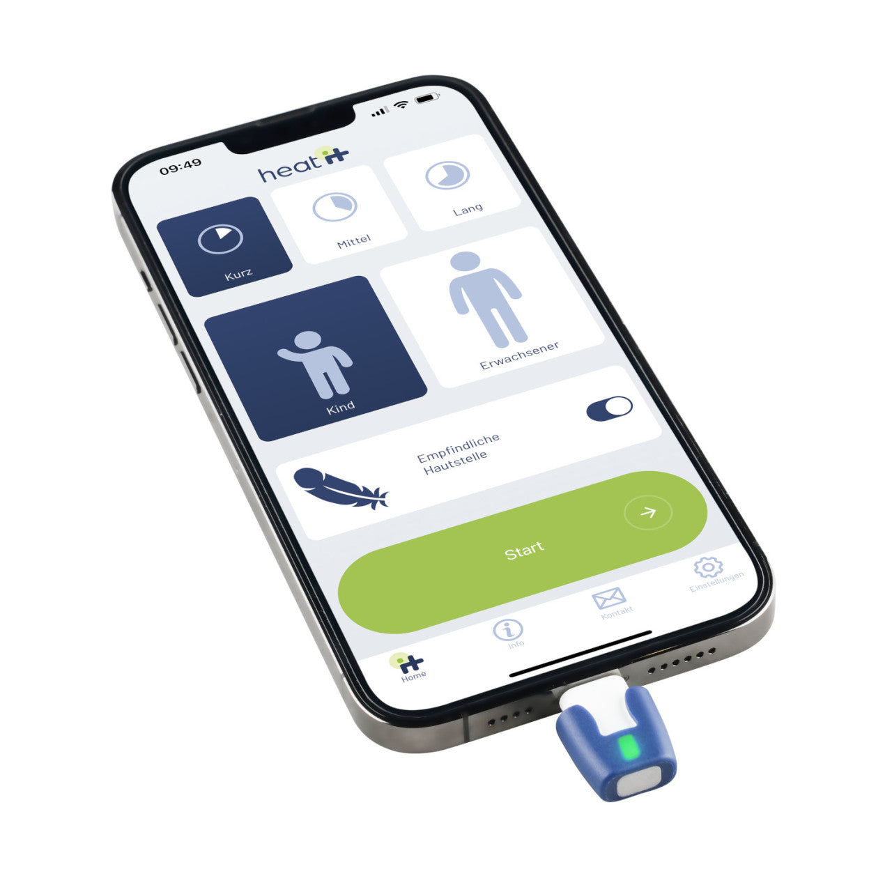 Smartphone mit Anzeige der Stichheiler-App und an der Ladebuchse angeschlossenem heat it®-Medizingerät zur effektiven Insektenstichbehandlung.