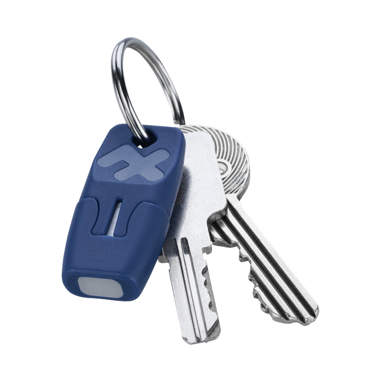 Zwei silberne Schlüssel und ein blauer Schlüsselanhänger, möglicherweise für die bei der Insektenstich-Behandlung verwendete heat it® App, sind an einem Metallschlüsselring befestigt und auf einem weißen Hintergrund isoliert.