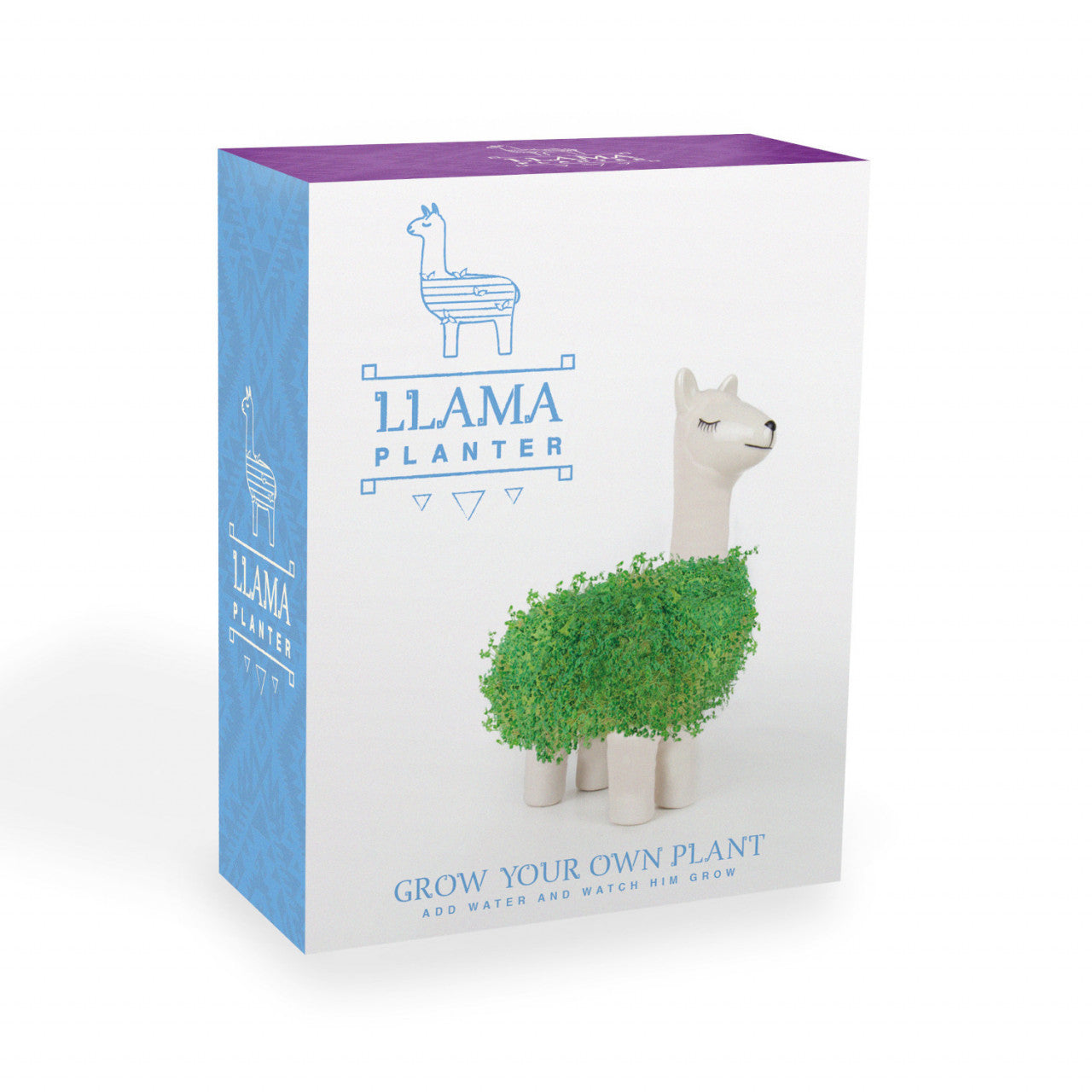 Keramik Lama Pflanzset-Box mit essbarem grünem Fell aus Chia-Samen auf dem Körper des Lama und „Grow Your Own Plant“ Text.