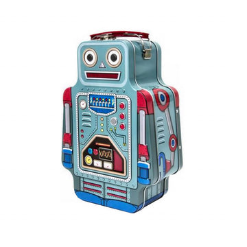 Eine Lunchbox aus Blech im Retro-Stil mit Metallgehäuse, geformt wie ein Roboter und verziert mit bunten Knöpfen und Drehreglern – perfekt zum Verpacken von Brot oder Obst.