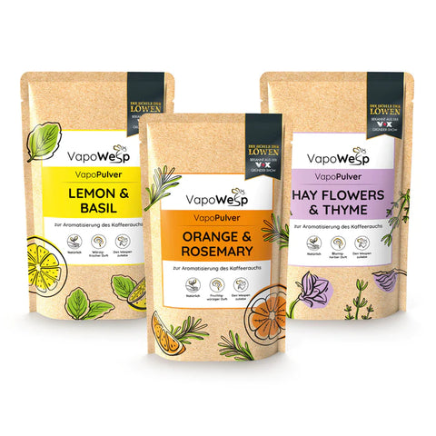 VapoWesp Pulver-Set Orange & Rosemary (100 g), Lemon & Basil (100 g), Hay Flowers & Thyme (100 g)