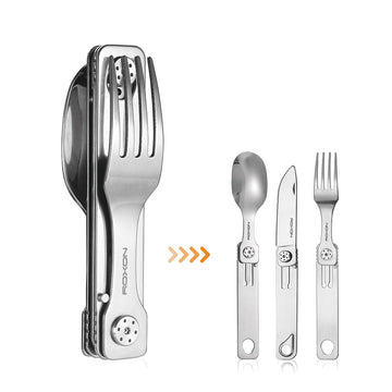 Faltbares Campingbesteckset aus 3Cr13 Edelstahl, perfekt für Camping-Liebhaber, sowohl gefaltet als auch getrennt in Löffel, Messer und Gabel abgebildet.
