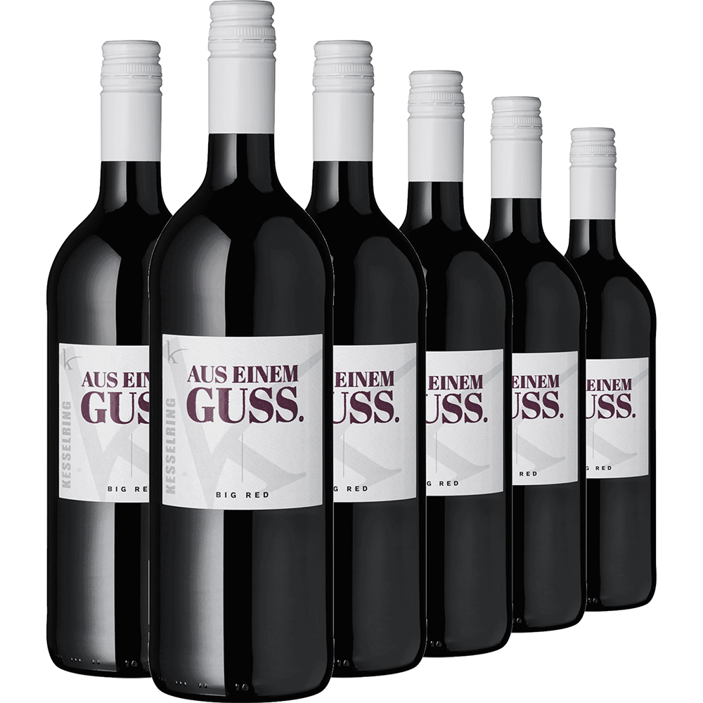 Sechs 1,0-Liter-Flaschen „Aus einem Guss – Big Red“ mit weißem Verschluss und schwarz-weißem Etikett von Bio-Pionier Lukas Kesselring – der ideale Schoppenwein für pure Trinkigkeit-Momente.