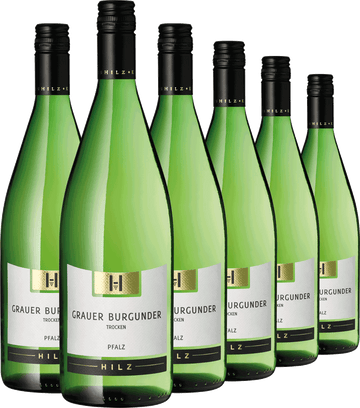 Sechs grüne Flaschen Grauburgunder 1,0 l sind ordentlich in zwei Reihen angeordnet.