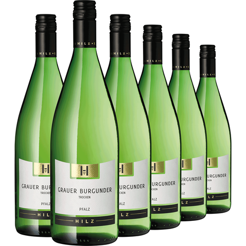 Sechs grüne Flaschen Grauburgunder 1,0 l sind ordentlich in zwei Reihen angeordnet.