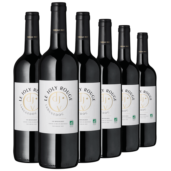 Sechs Flaschen Le Joly Rouge mit edlen weißen Etiketten in einer Reihe angeordnet – ideal als Degustationspaket Sommer.