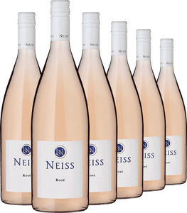 Sechs Flaschen Rosé 1,0 l mit weißem Etikett und Schraubverschluss, in zwei Reihen angeordnet – ideale Schoppenweine für jeden Anlass.