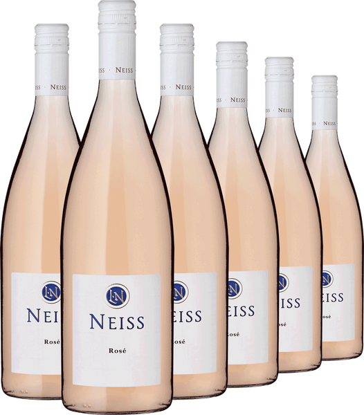 Sechs Flaschen Rosé 1,0 l mit weißem Etikett und Schraubverschluss, in zwei Reihen angeordnet – ideale Schoppenweine für jeden Anlass.