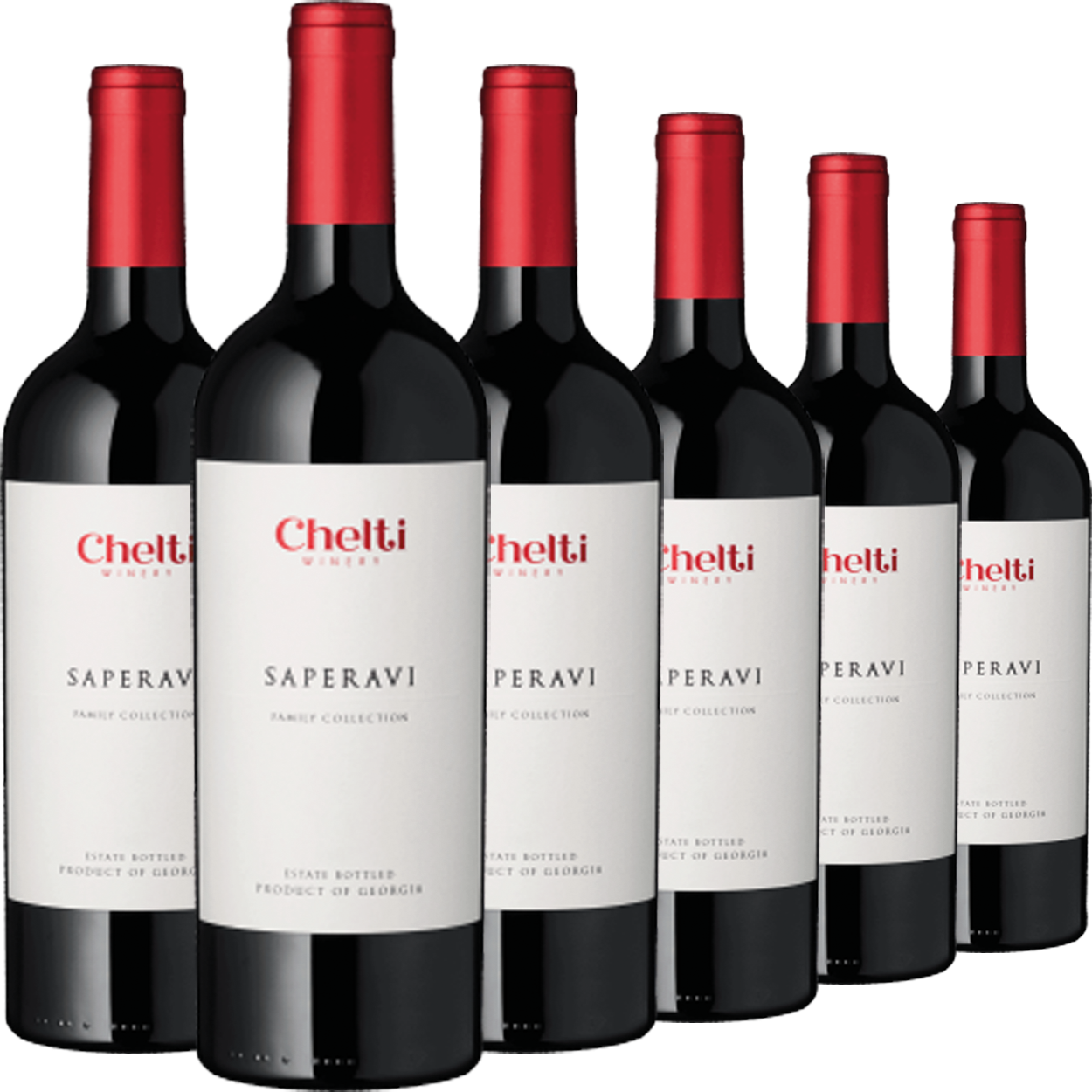 Sechs Flaschen des Rotweins Saperavi
